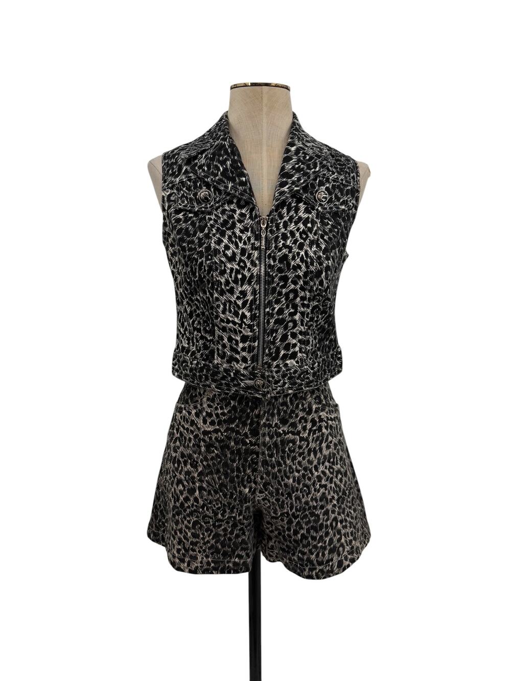 Cache Vintage Leopard Print Vest Shorts Set Zip Animal Black White M 8